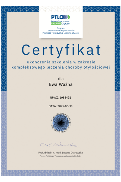 Certyfikat szkolenie w zakresie kompleksowego leczenia choroby otylosciowej ewa wazna life medical center warszawa